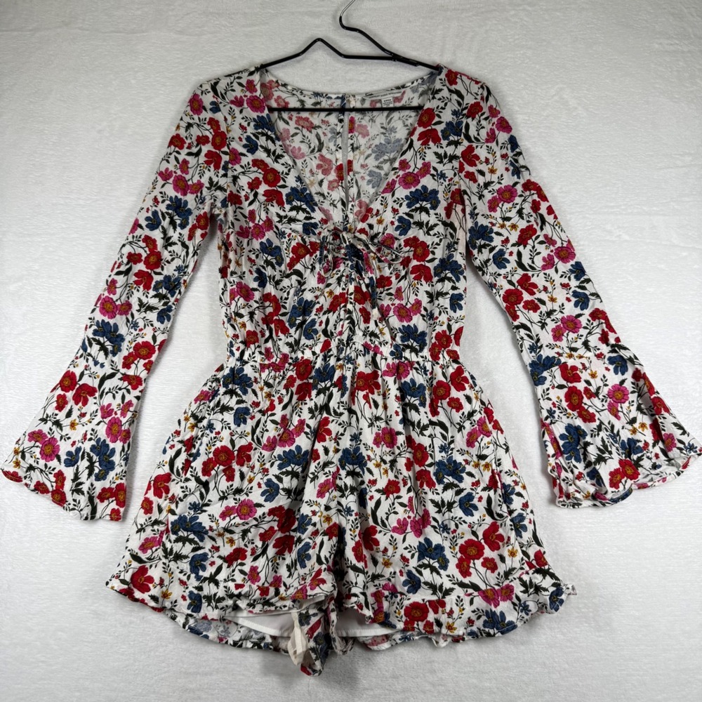 American Eagle Floral Bell Sleeve Romper White Red Blue Boho V-Neck Small